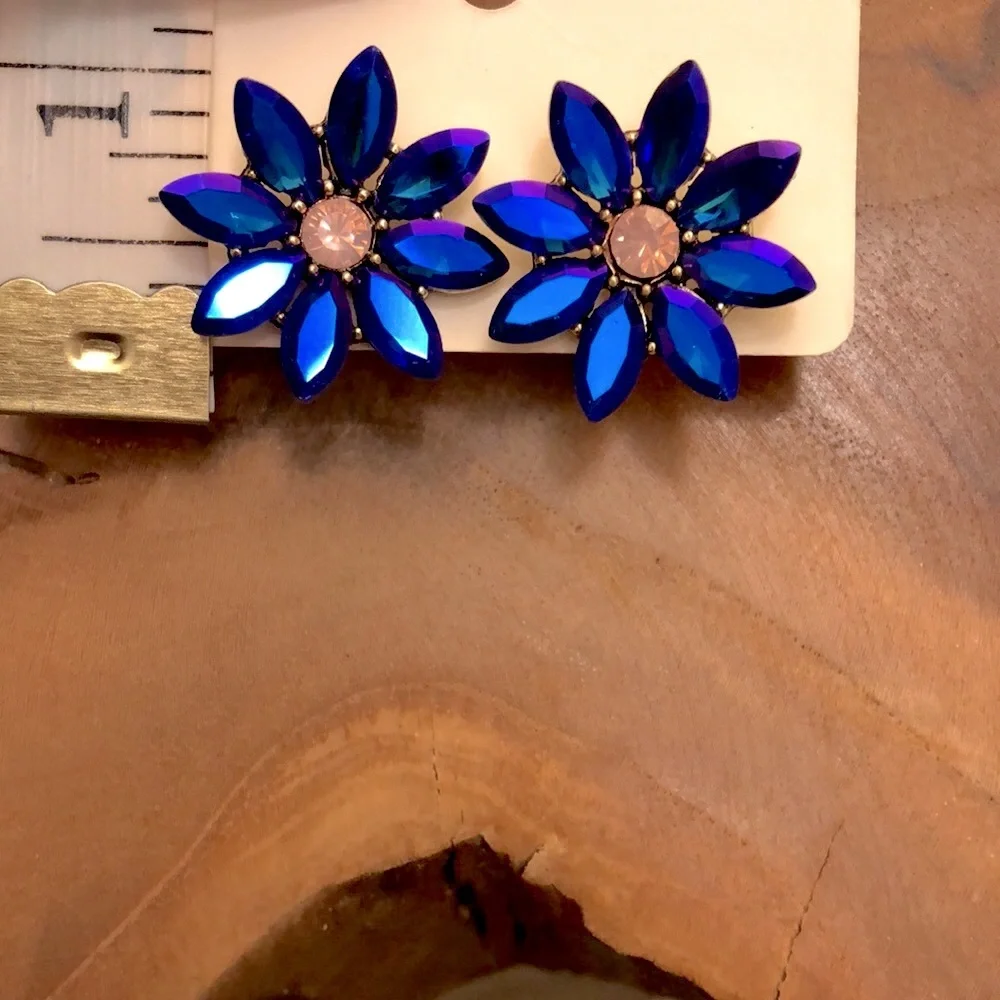 Violet Blue Aurora Borealis + Pink Opal Gold Crystal Flower Statement Earrings